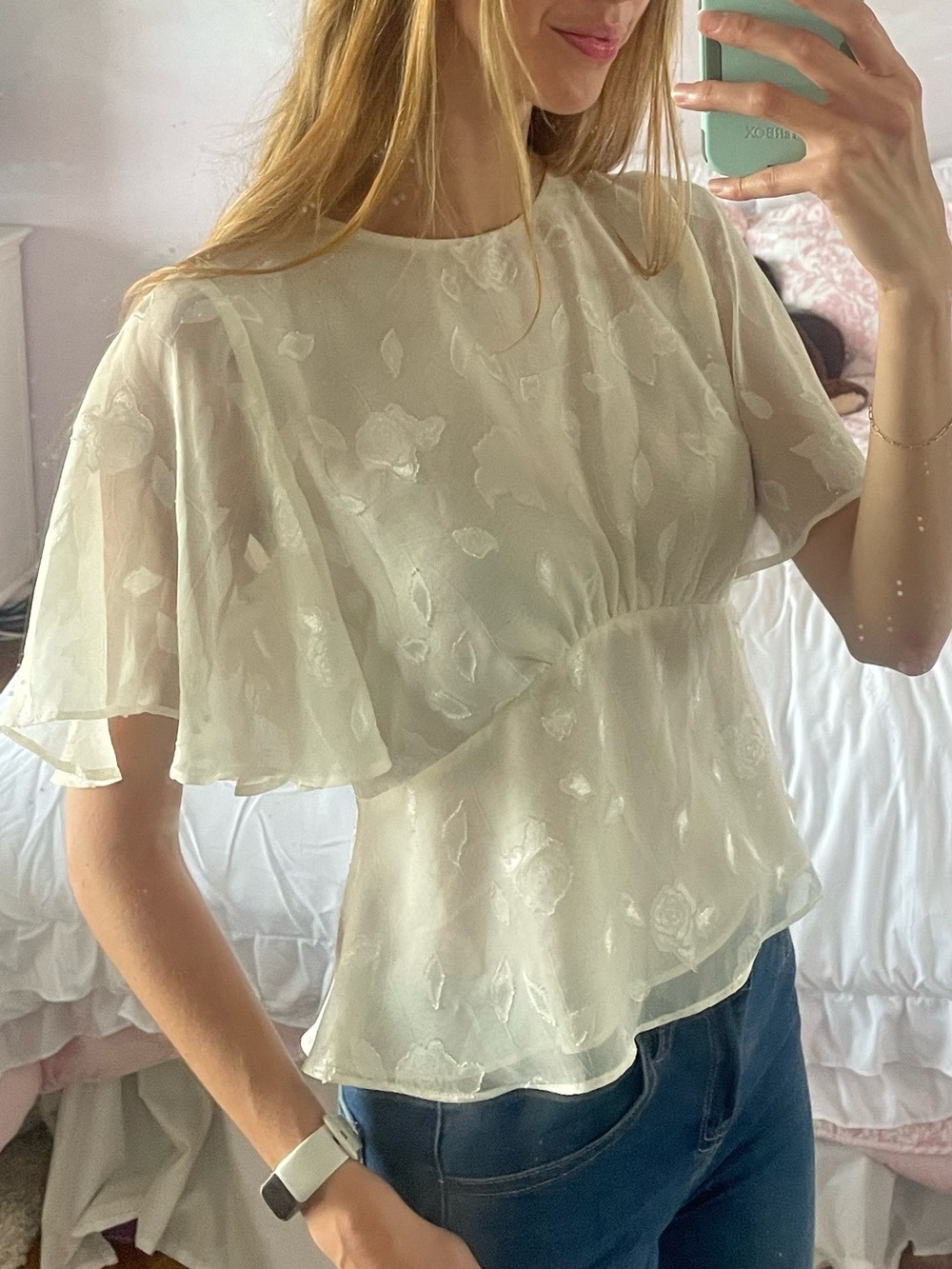 Express Cream Peplum Blouse with Flutter Sleeves - Women's Top